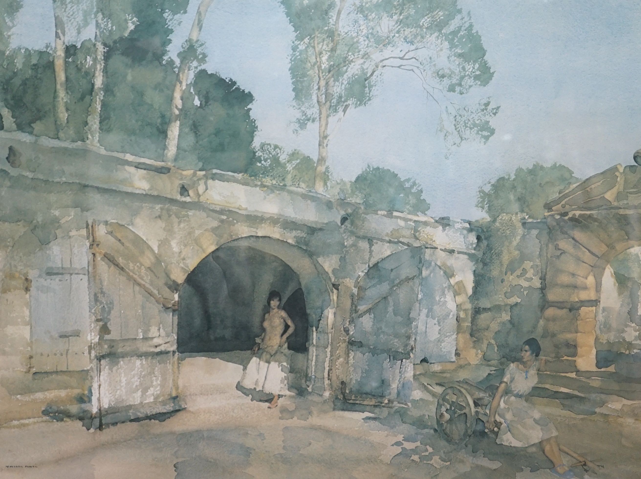 Sir William Russell Flint - colour print - 'Spanish courtyard with two women at a gateway', 46 cm X 62 cm